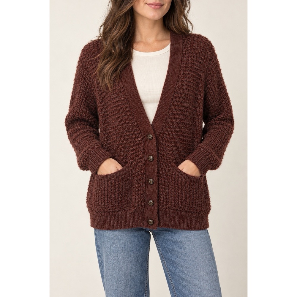 Obey No. 89 Cardigan Womens S Brown Wool Alpaca Blend Chunky Knit Grunge Pockets